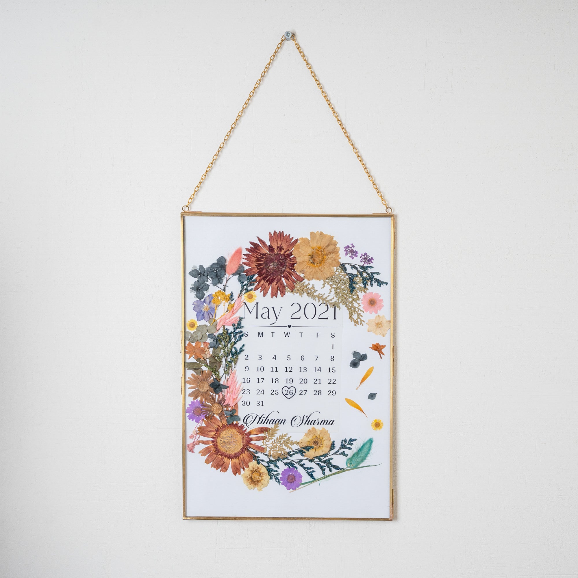 Wedding Date Calendar Frame – Personalised Pressed Flower Keepsake for Bride & Groom