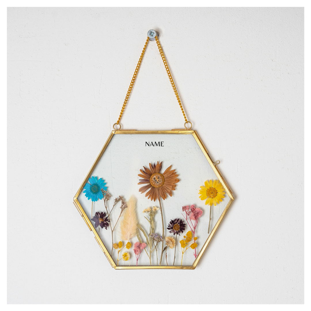 Hexagon Brass Pressed Flower Frame – Artistic Hanging Botanical Wall Art