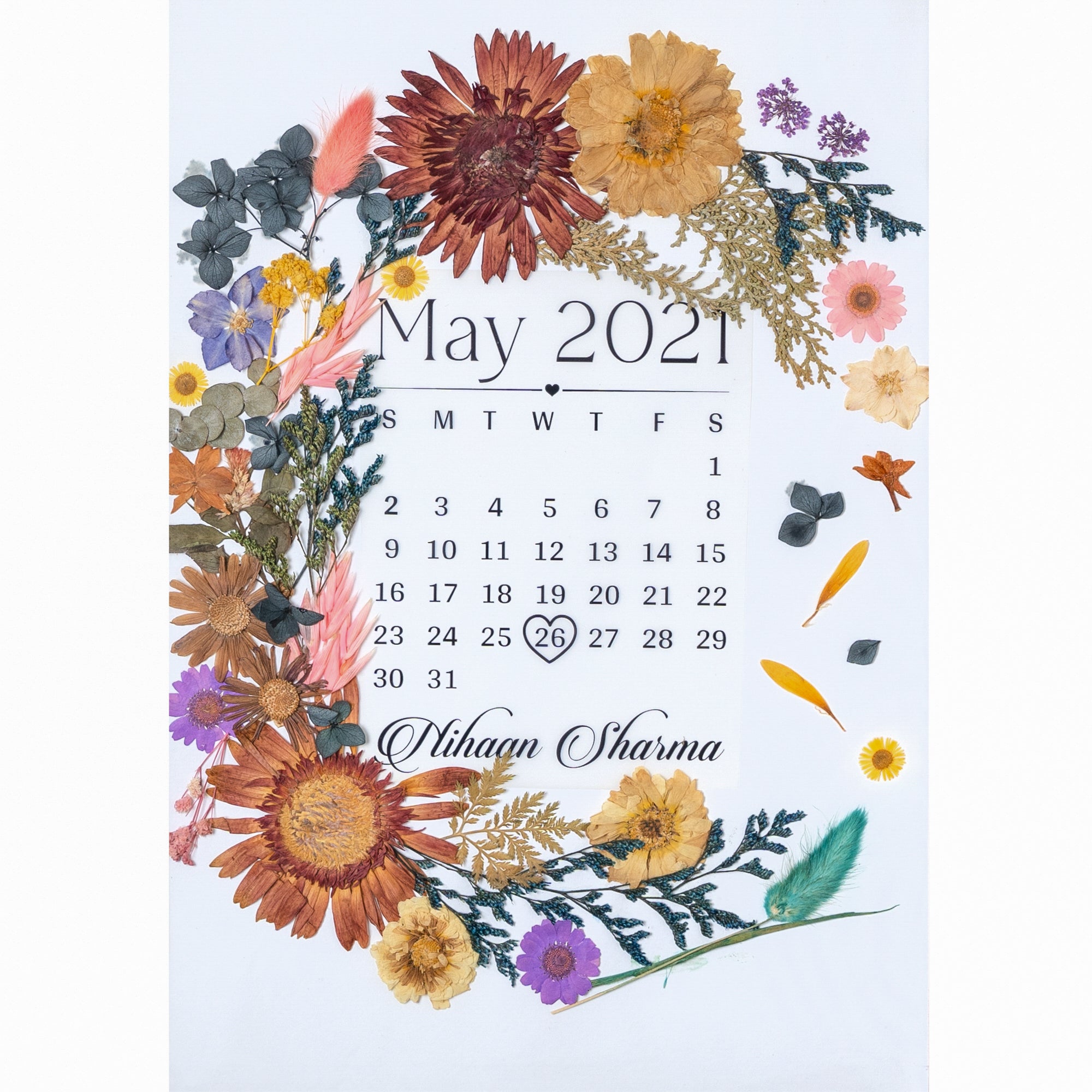 Wedding Date Calendar Frame – Personalised Pressed Flower Keepsake for Bride & Groom