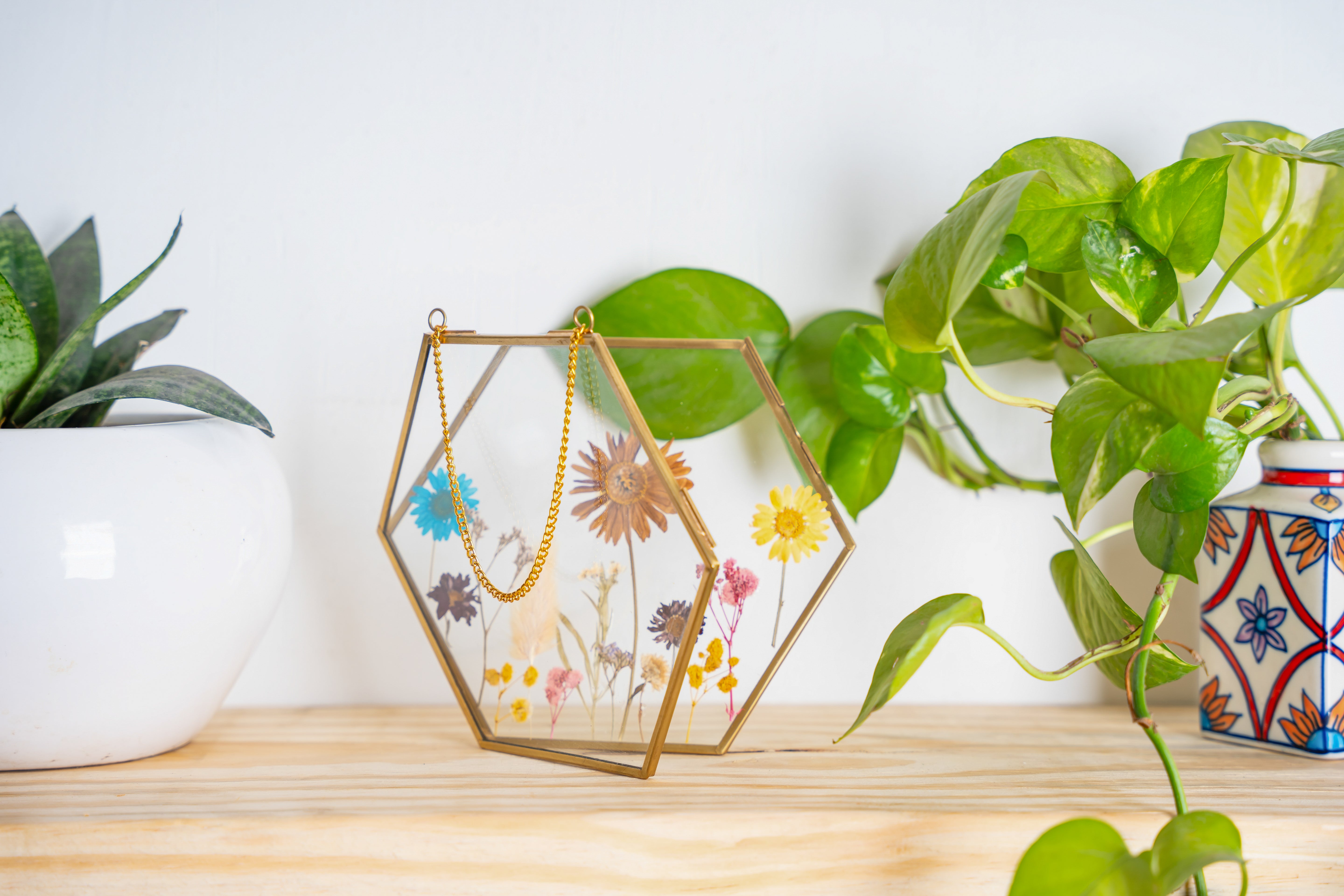 Hexagon Brass Pressed Flower Frame – Artistic Hanging Botanical Wall Art