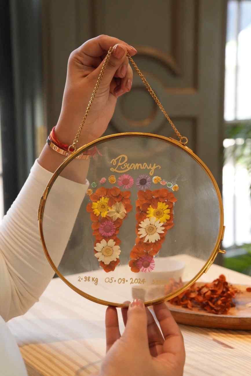 Handcrafted Baby Footprints Floral Keepsake – Vintage Hanging Frame Perfect for nursery décor or baby shower