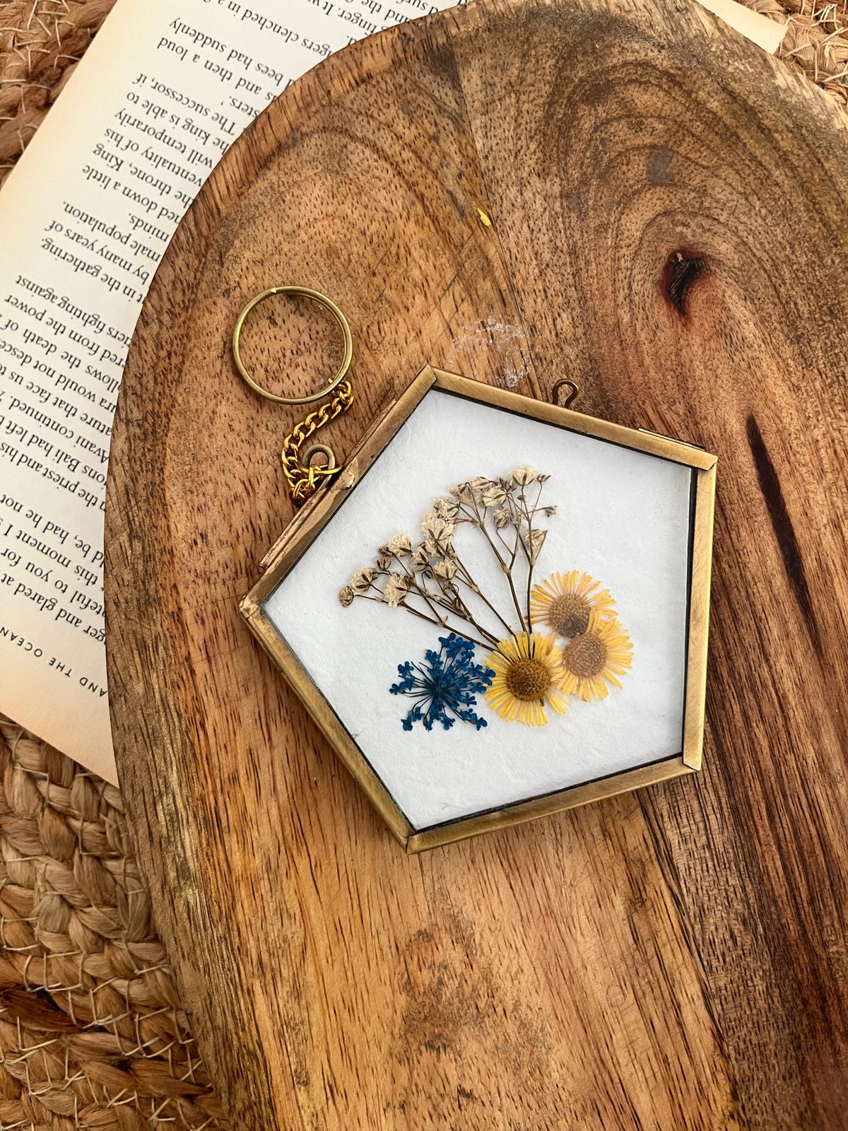 Pressed Flower Mini Keychains – Vintage Brass Frame Hexagon