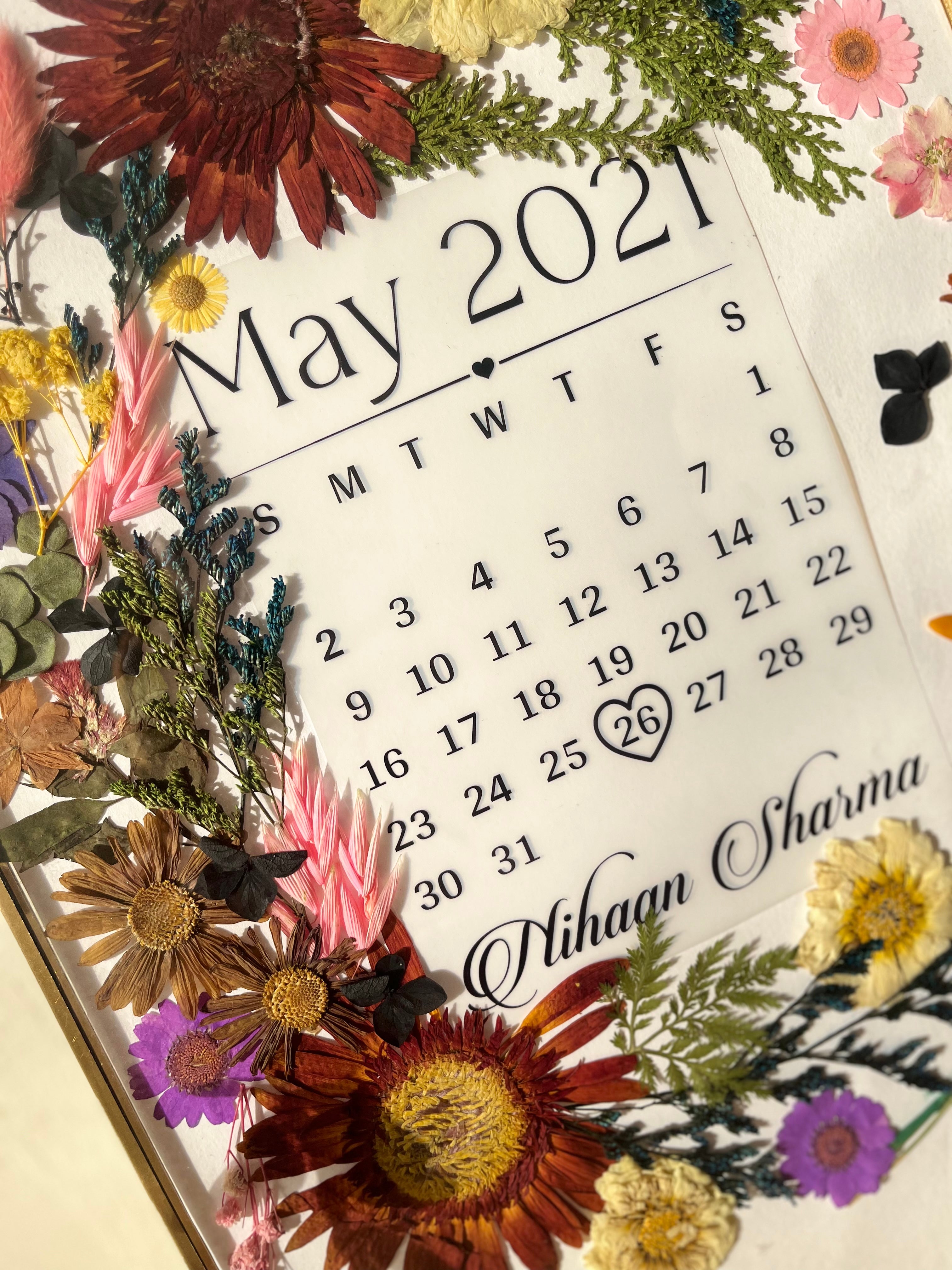 Wedding Date Calendar Frame – Personalised Pressed Flower Keepsake for Bride & Groom